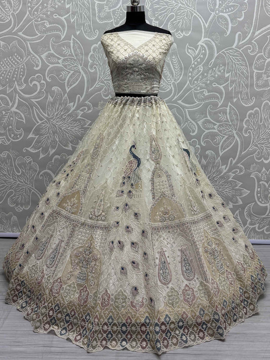Lovely Off-White Sequins Net Wedding Lehenga Choli With Dupatta - Zeel Clothing
