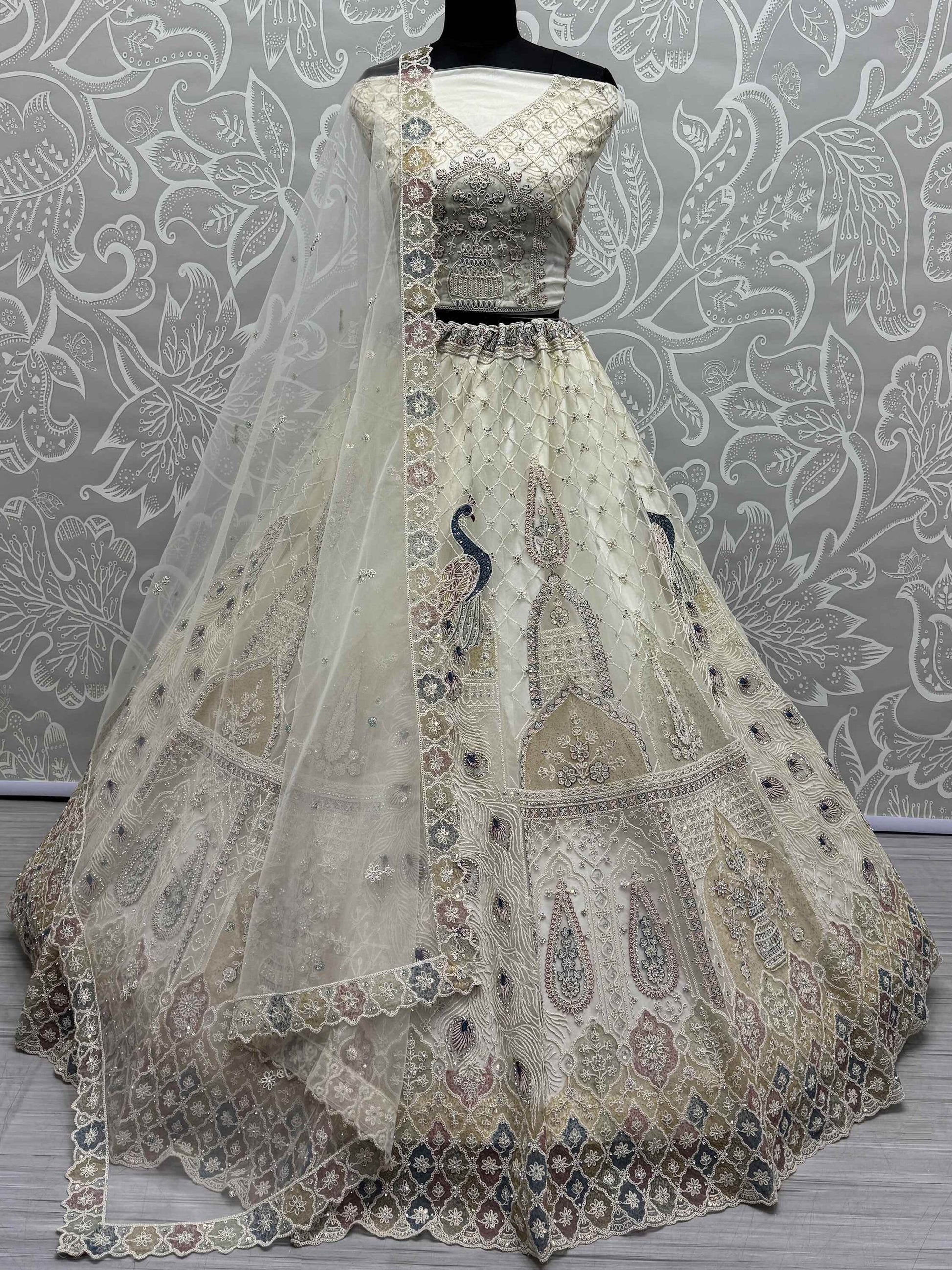 Lovely Off-White Sequins Net Wedding Lehenga Choli With Dupatta - Zeel Clothing