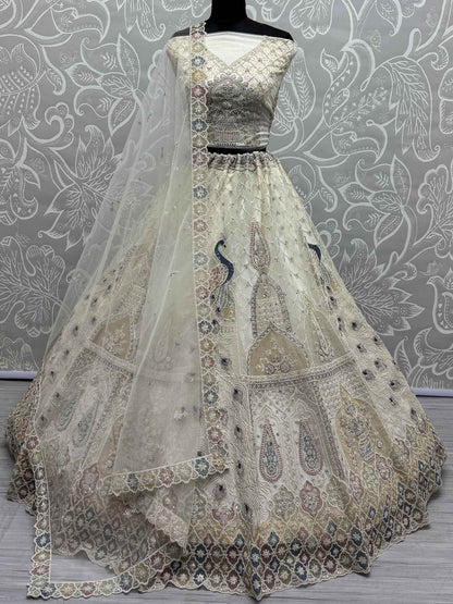 Lovely Off-White Sequins Net Wedding Lehenga Choli With Dupatta - Zeel Clothing