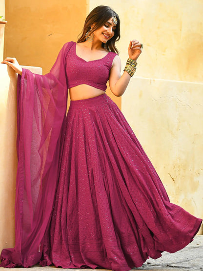 Lovely Pink Thread Work Georgette Party Wear Lehenga Choli With Dupatta - Zeel Clothing