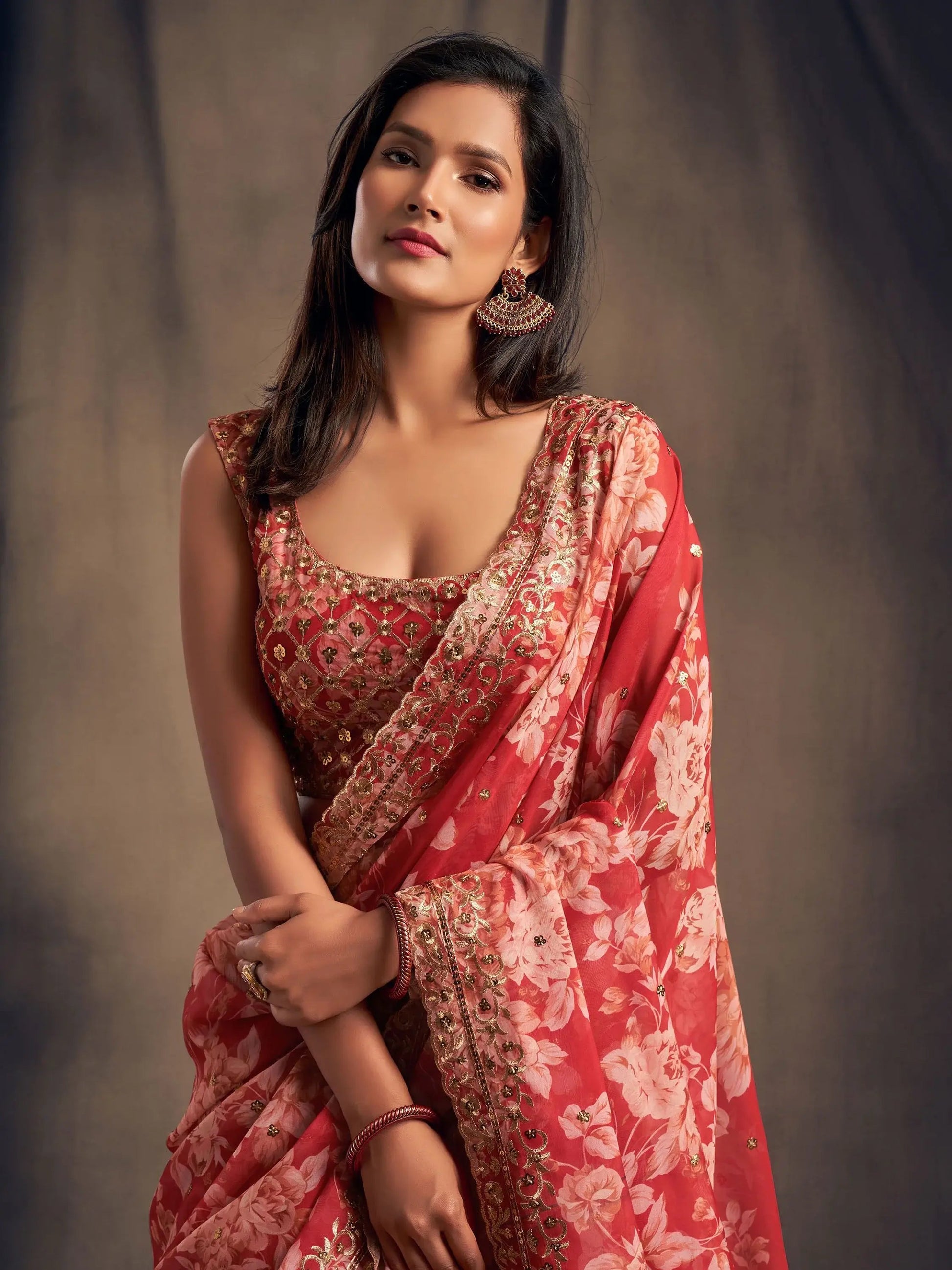 Lovely Red Floral Printed Organza Wedding Lehenga Choli With Dupatta - Zeel Clothing