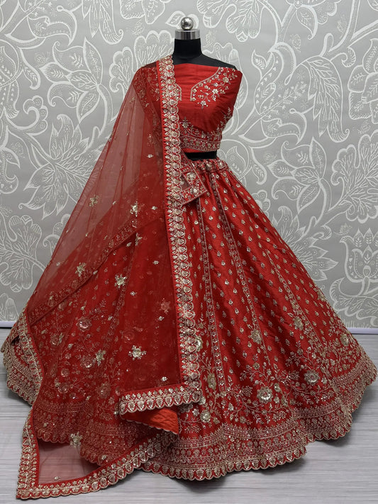 Lovely Red Hand Work Silk Bridal Wear Lehenga Choli With Double Dupatta - Zeel Clothing
