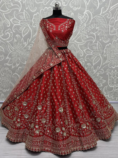 Lovely Red Hand Work Silk Bridal Wear Lehenga Choli With Double Dupatta - Zeel Clothing