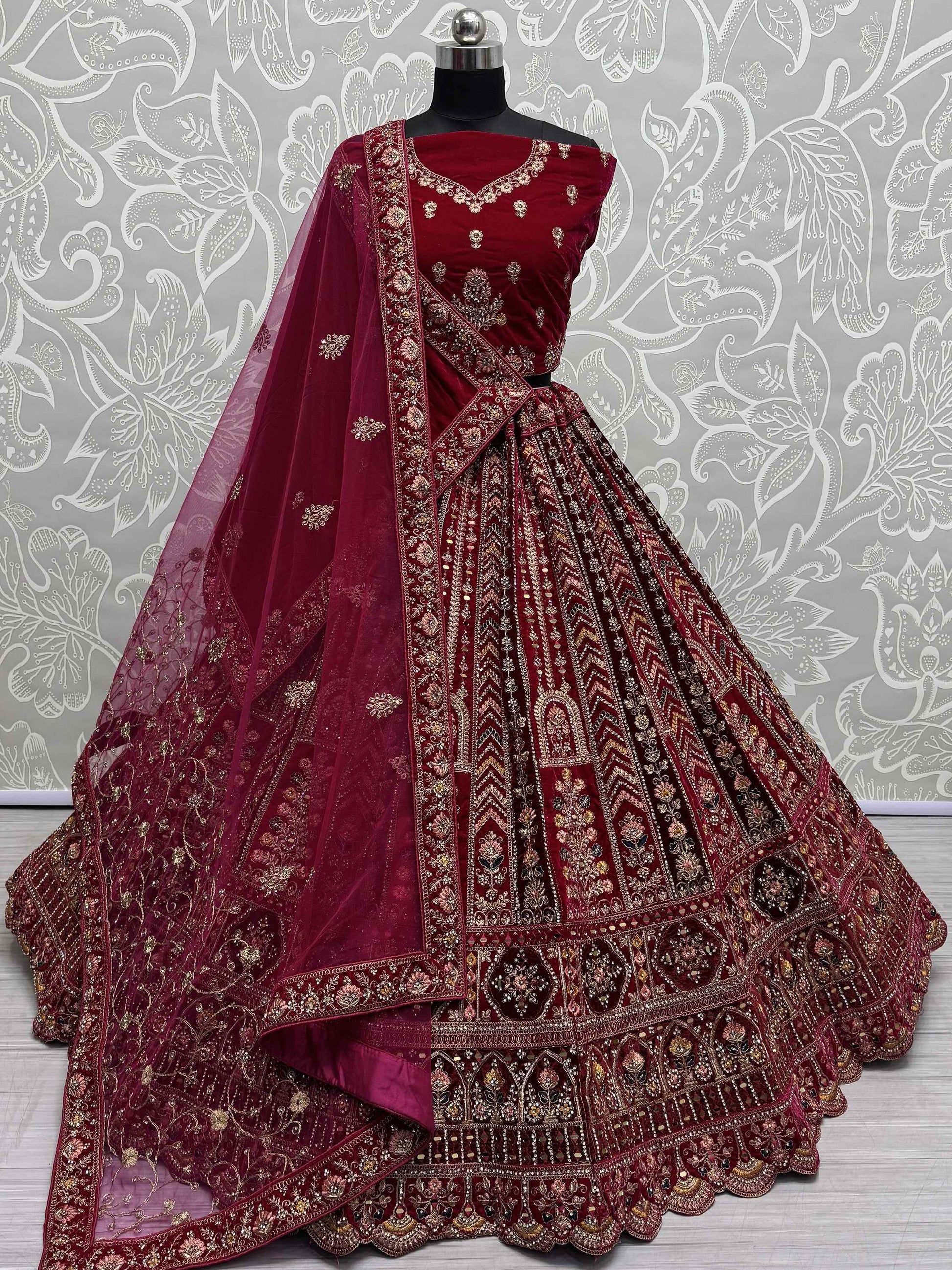 Lovely Red Jarkan Work Velvet Bridal Lehenga Choli With Double Dupatta - Zeel Clothing