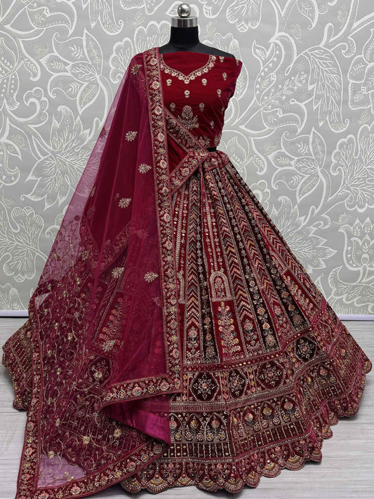 Lovely Red Jarkan Work Velvet Bridal Lehenga Choli With Double Dupatta - Zeel Clothing