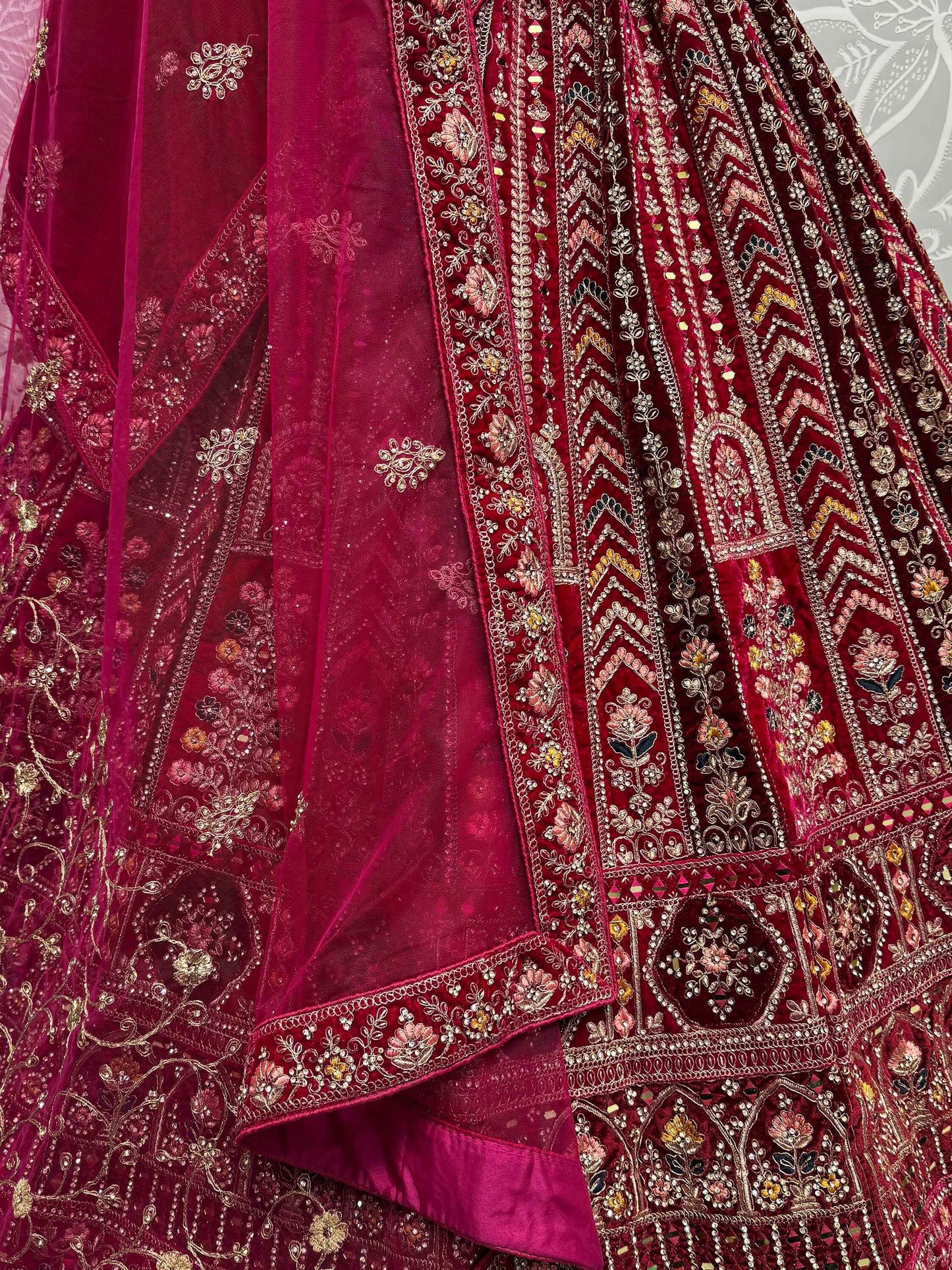 Lovely Red Jarkan Work Velvet Bridal Lehenga Choli With Double Dupatta - Zeel Clothing