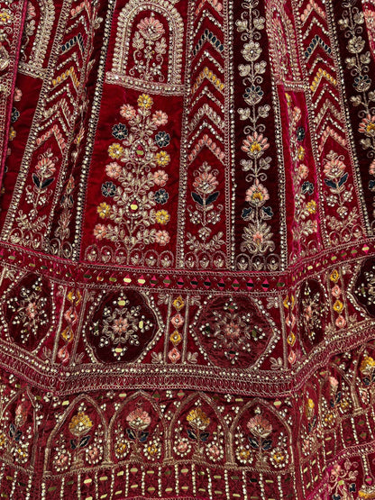 Lovely Red Jarkan Work Velvet Bridal Lehenga Choli With Double Dupatta - Zeel Clothing