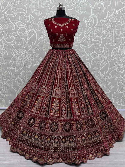 Lovely Red Jarkan Work Velvet Bridal Lehenga Choli With Double Dupatta - Zeel Clothing