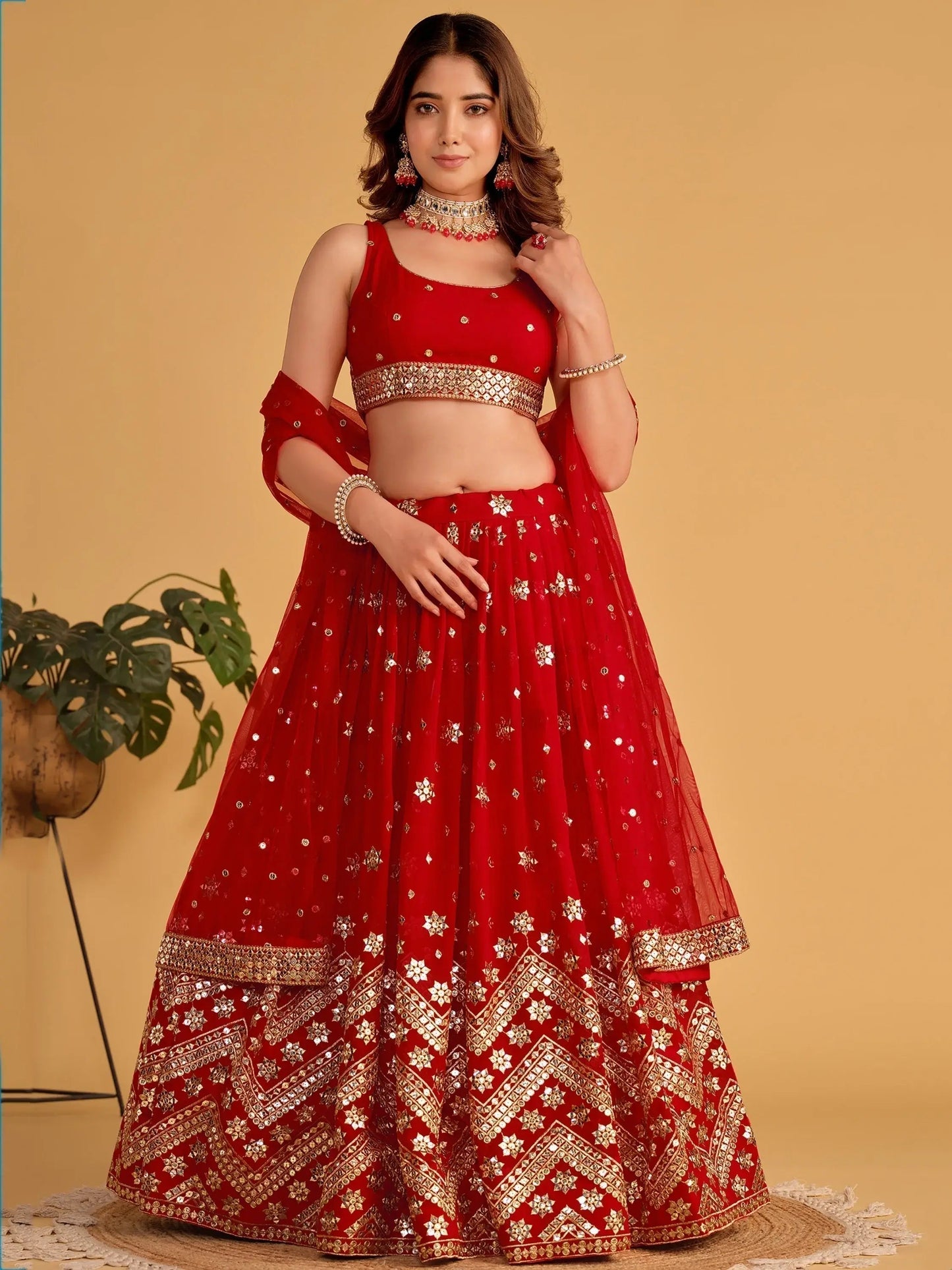 Lovely Red Sequins Georgette Engagement Wear Lehenga Choli - Zeel Clothing