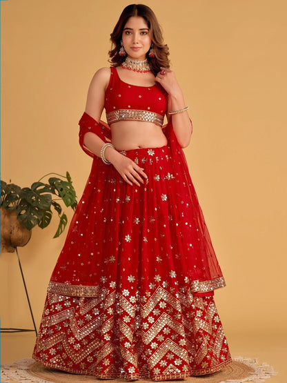 Lovely Red Sequins Georgette Engagement Wear Lehenga Choli - Zeel Clothing