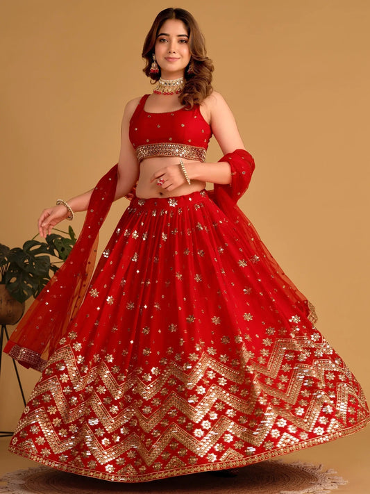 Lovely Red Sequins Georgette Engagement Wear Lehenga Choli - Zeel Clothing