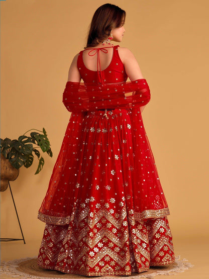 Lovely Red Sequins Georgette Engagement Wear Lehenga Choli - Zeel Clothing