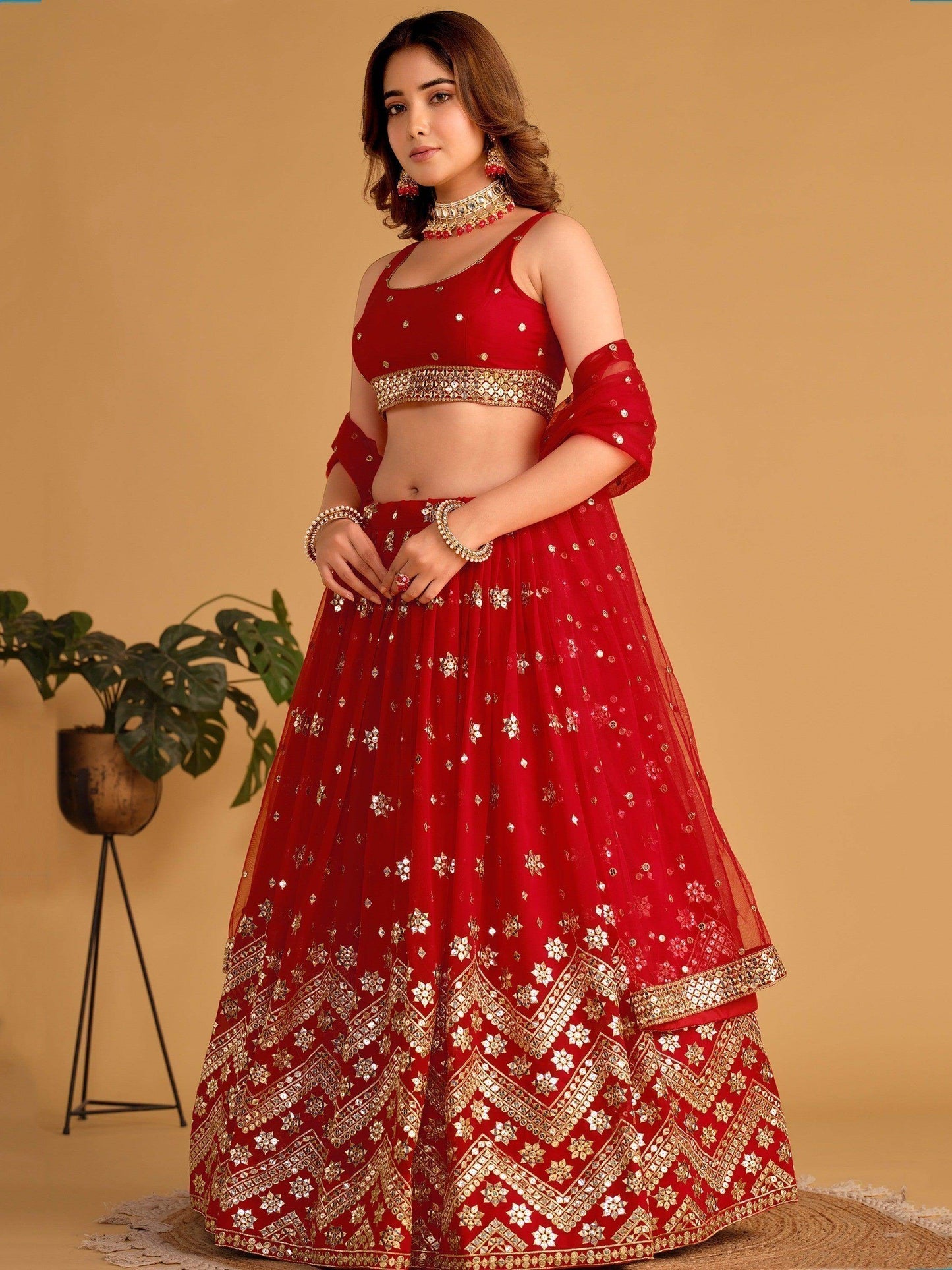 Lovely Red Sequins Georgette Engagement Wear Lehenga Choli - Zeel Clothing