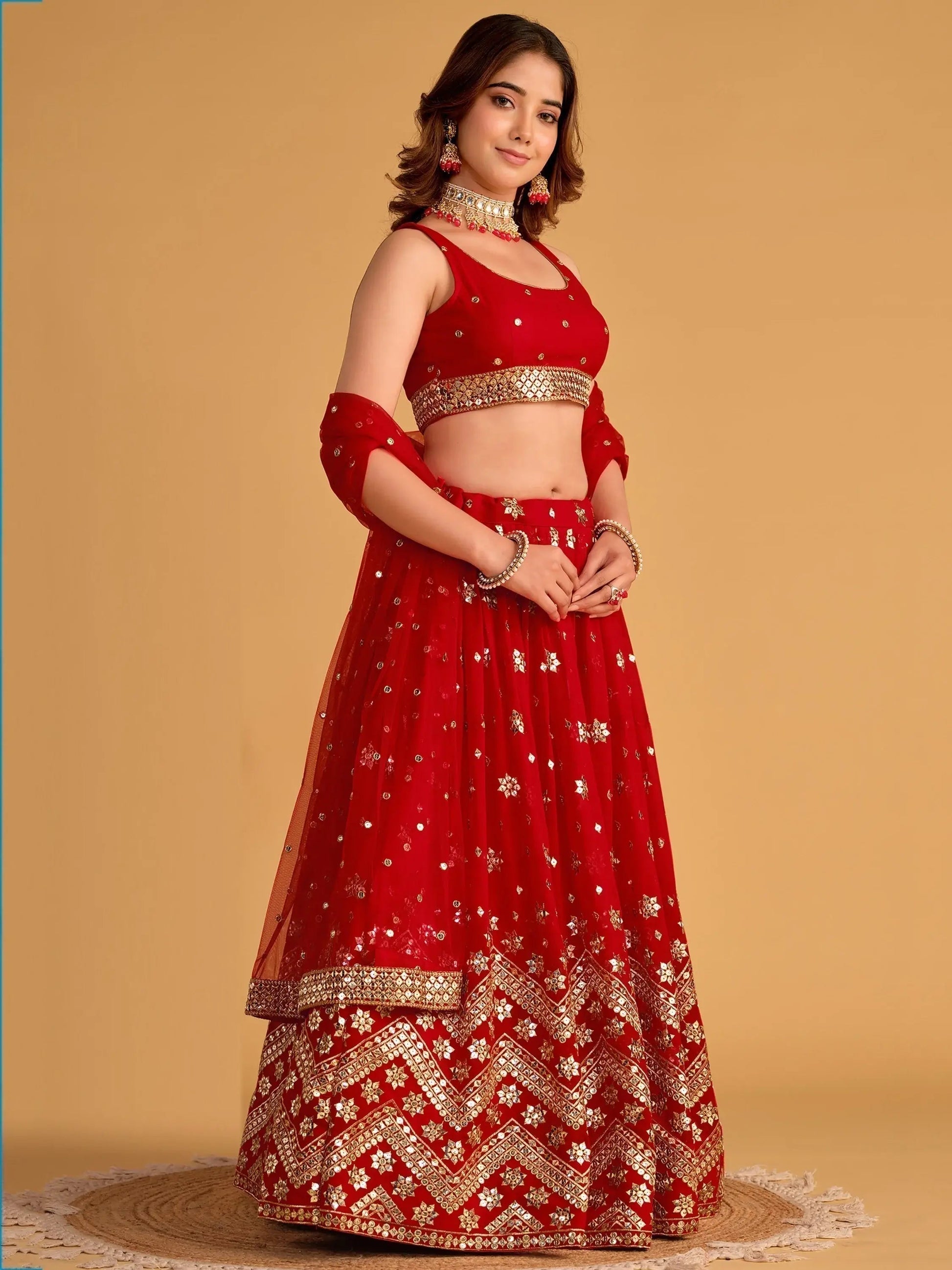 Lovely Red Sequins Georgette Engagement Wear Lehenga Choli - Zeel Clothing