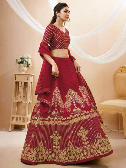 Lovely Red Sequins Silk Wedding Wear Lehenga Choli With Dupatta - Zeel Clothing