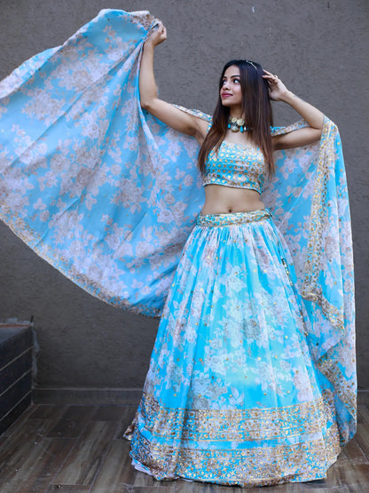 Lovely Sky Blue Floral Printed Organza Engagement Wear Lehenga Choli - Zeel Clothing