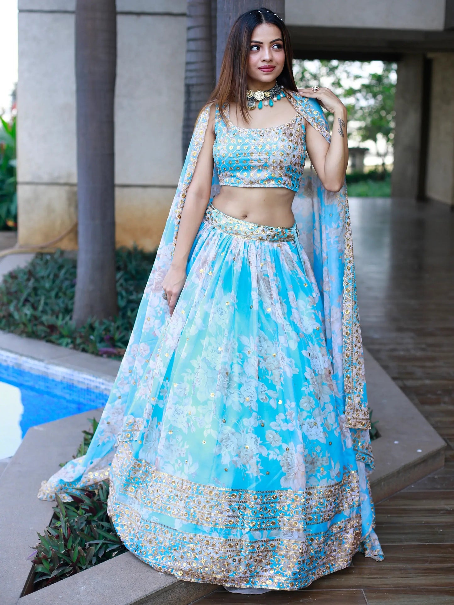 Lovely Sky Blue Floral Printed Organza Engagement Wear Lehenga Choli - Zeel Clothing