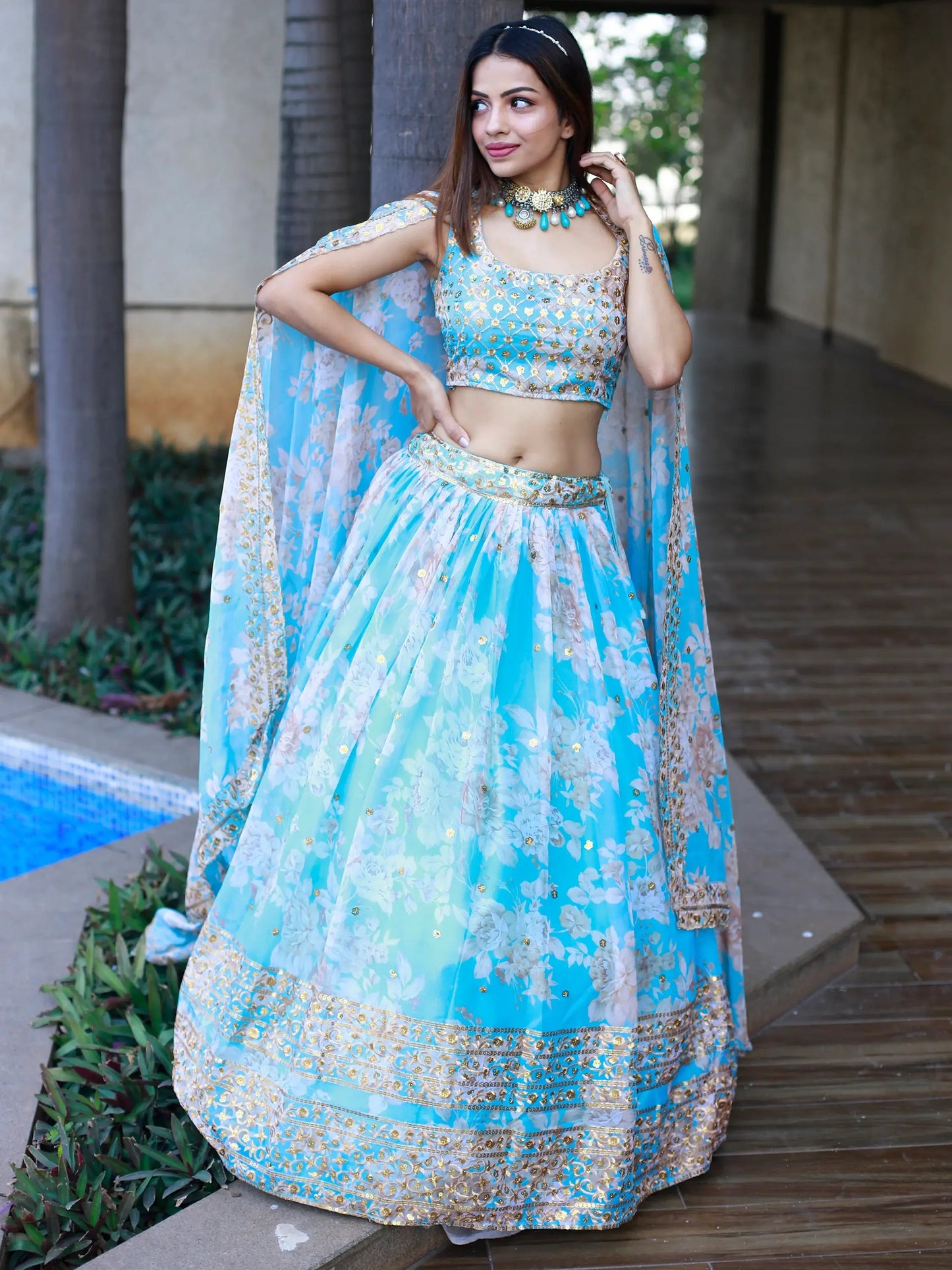 Lovely Sky Blue Floral Printed Organza Engagement Wear Lehenga Choli - Zeel Clothing
