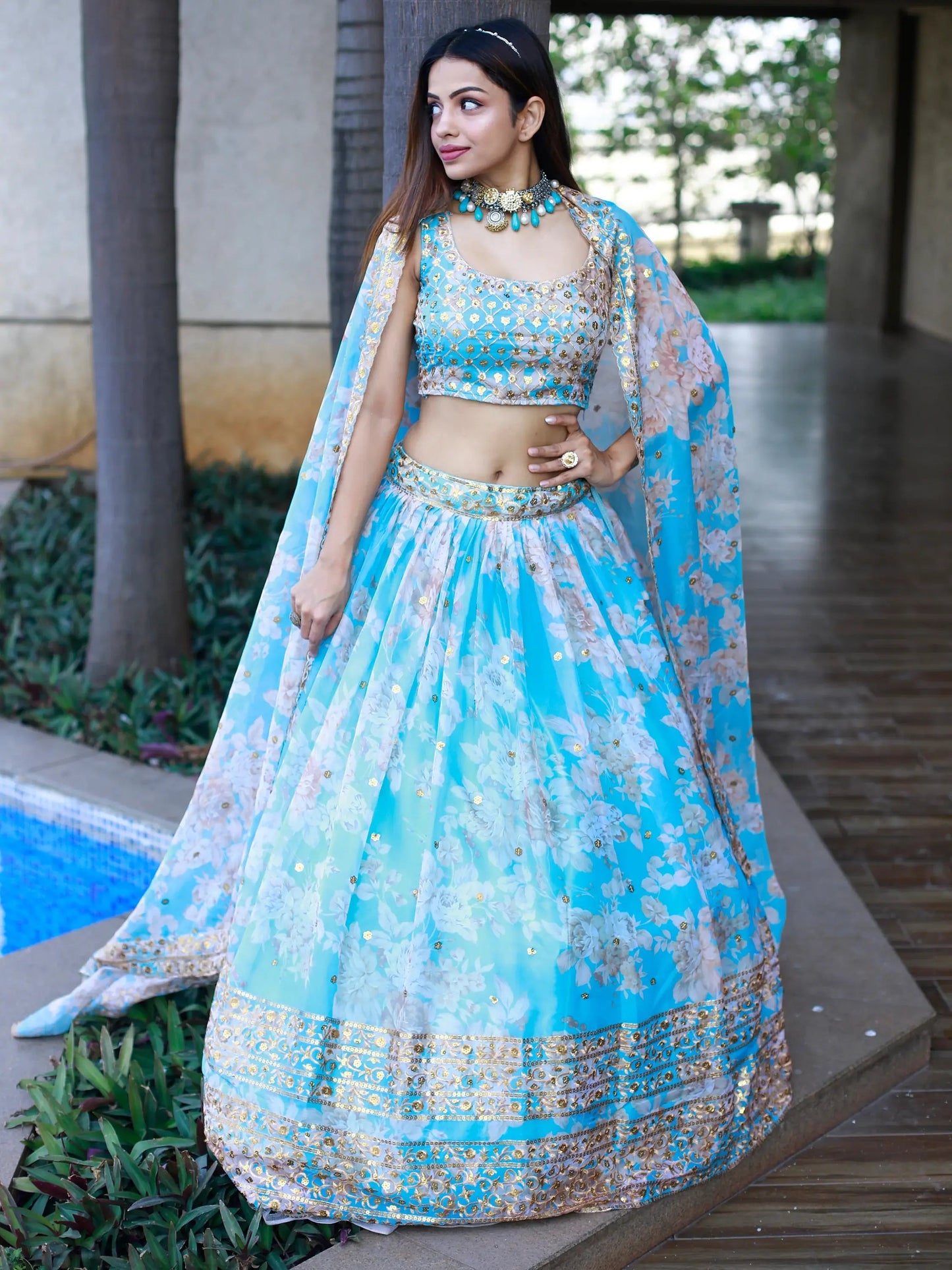 Lovely Sky Blue Floral Printed Organza Engagement Wear Lehenga Choli - Zeel Clothing