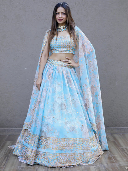 Lovely Sky Blue Floral Printed Organza Engagement Wear Lehenga Choli - Zeel Clothing