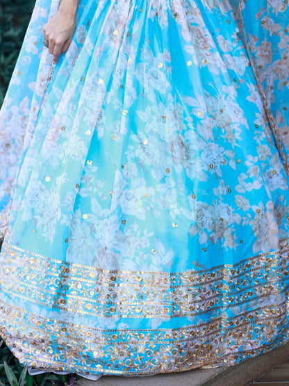 Lovely Sky Blue Floral Printed Organza Engagement Wear Lehenga Choli - Zeel Clothing