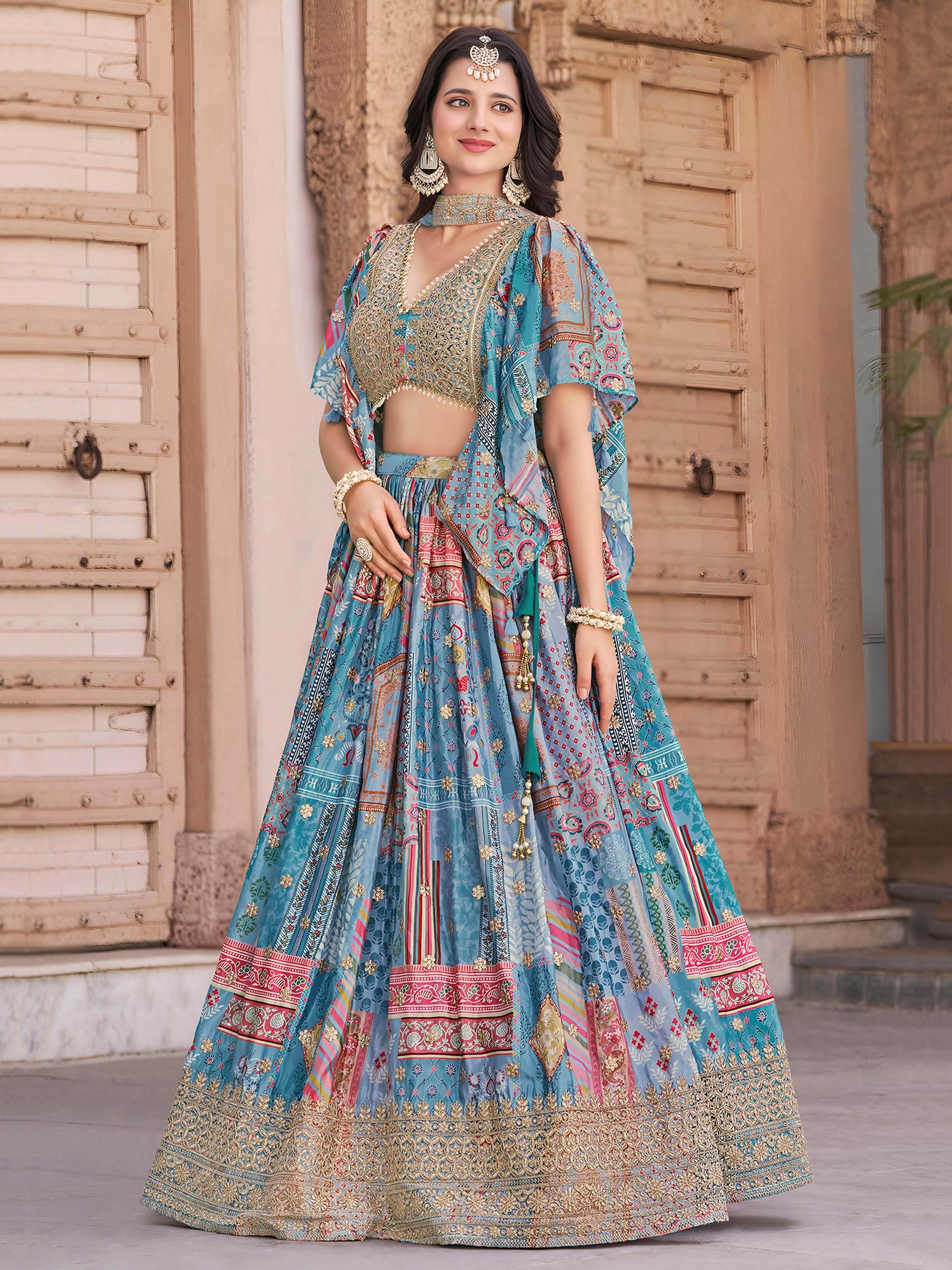 Lovely Sky Blue Zari Embroidery Chinon Reception Wear Lehenga Choli With Dupatta - Zeel Clothing