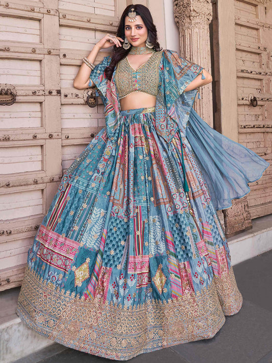 Lovely Sky Blue Zari Embroidery Chinon Reception Wear Lehenga Choli With Dupatta - Zeel Clothing