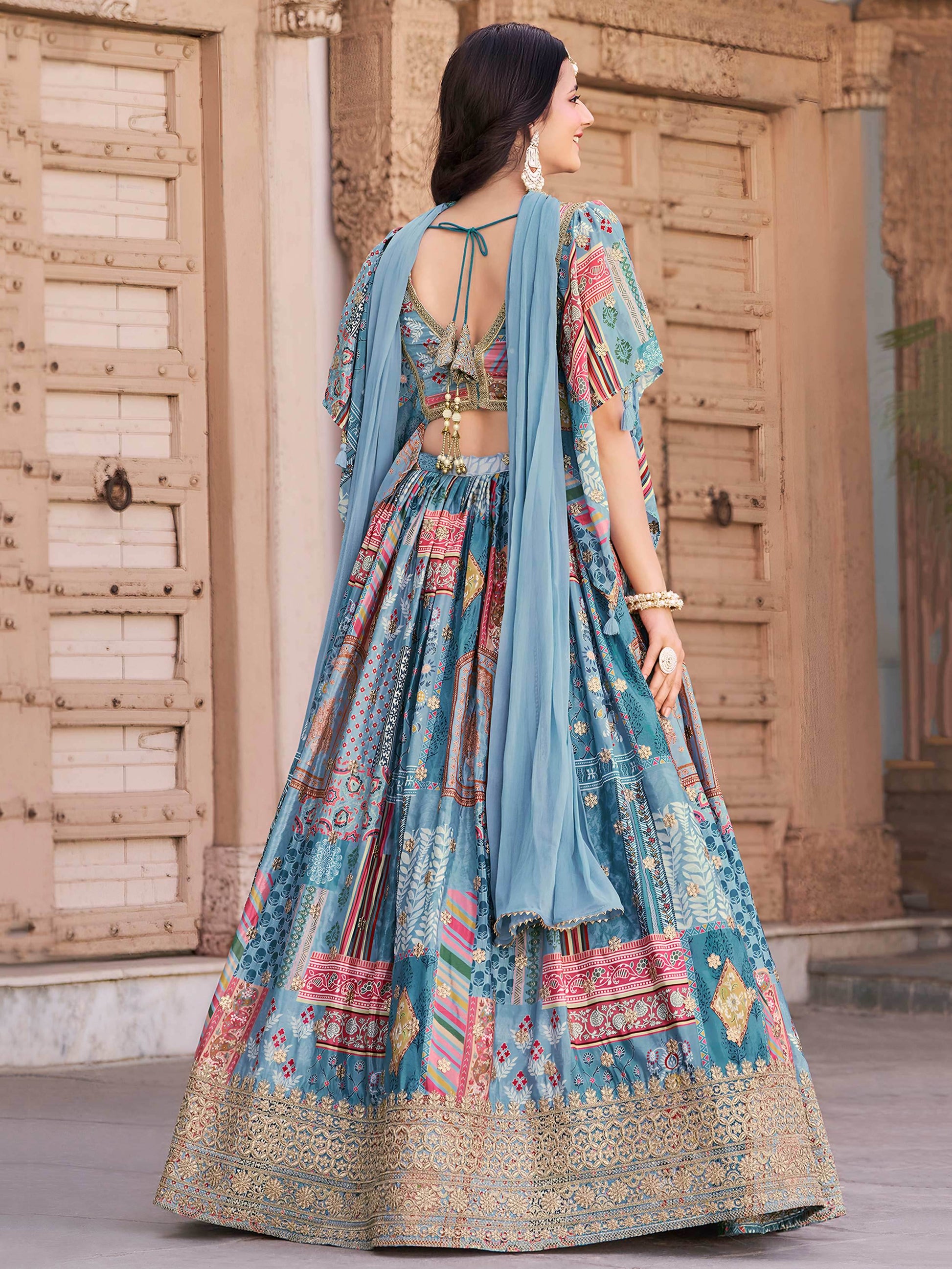 Lovely Sky Blue Zari Embroidery Chinon Reception Wear Lehenga Choli With Dupatta - Zeel Clothing