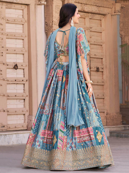 Lovely Sky Blue Zari Embroidery Chinon Reception Wear Lehenga Choli With Dupatta - Zeel Clothing