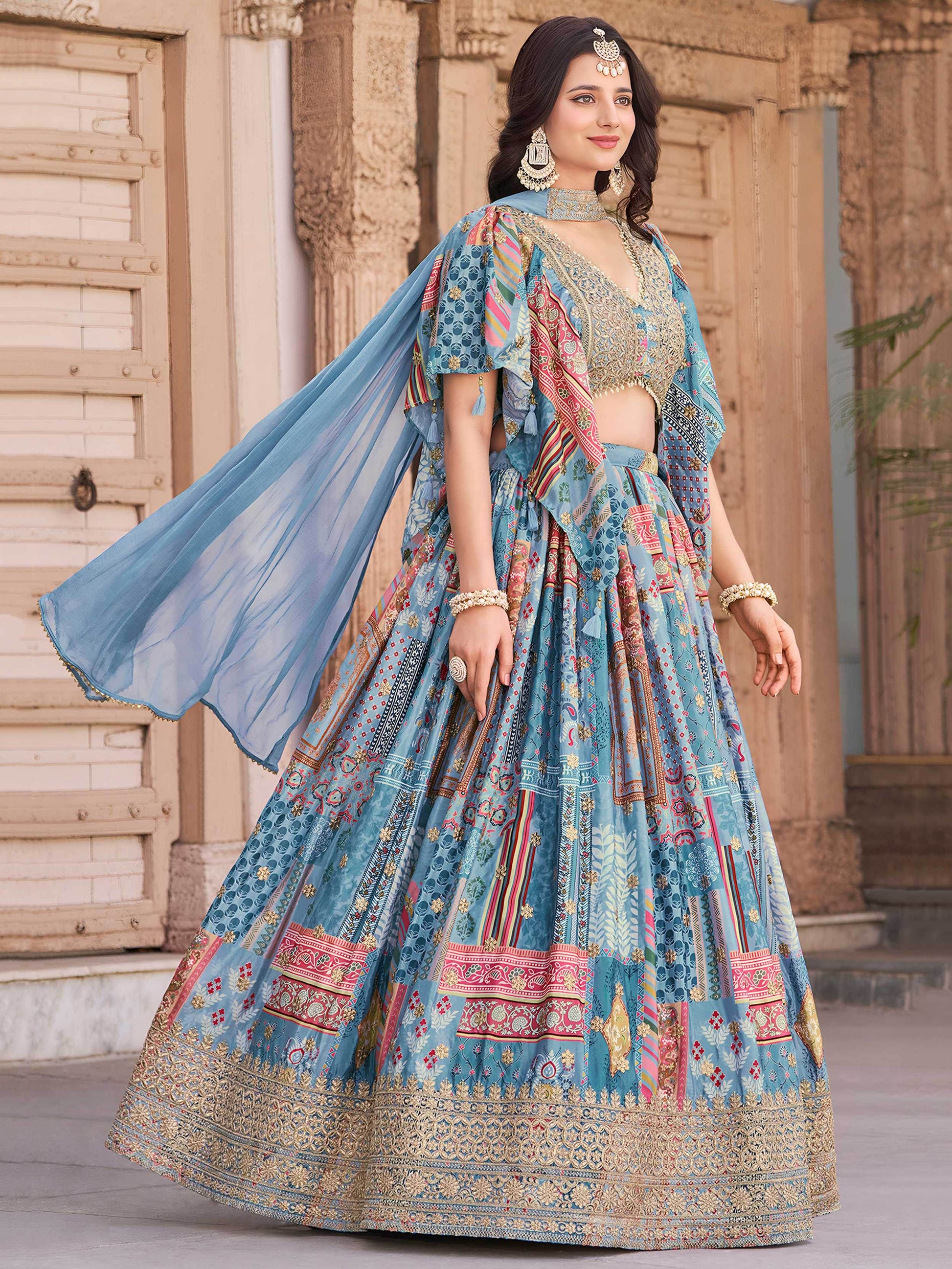 Lovely Sky Blue Zari Embroidery Chinon Reception Wear Lehenga Choli With Dupatta - Zeel Clothing