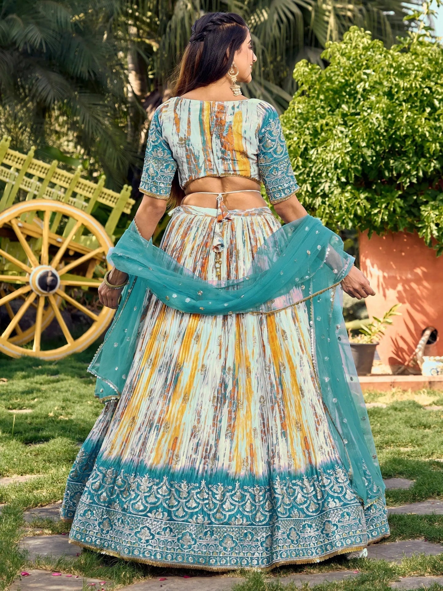 Lovely White & Blue Digital Printed Chinon Sangeet Wear Lehenga Choli - Zeel Clothing
