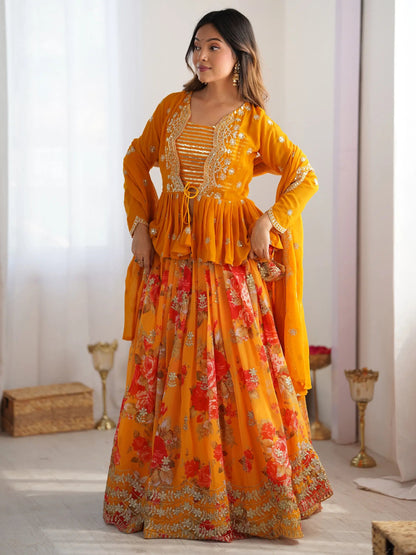 Lovely Yellow Floral Printed Georgette Crop Top Lehenga With Koti - Zeel Clothing