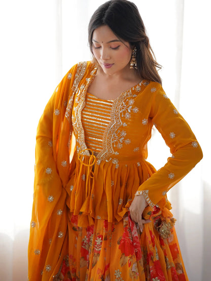 Lovely Yellow Floral Printed Georgette Crop Top Lehenga With Koti - Zeel Clothing