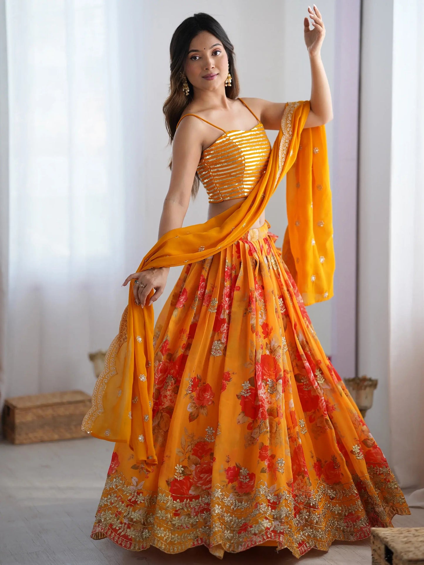 Lovely Yellow Floral Printed Georgette Crop Top Lehenga With Koti - Zeel Clothing