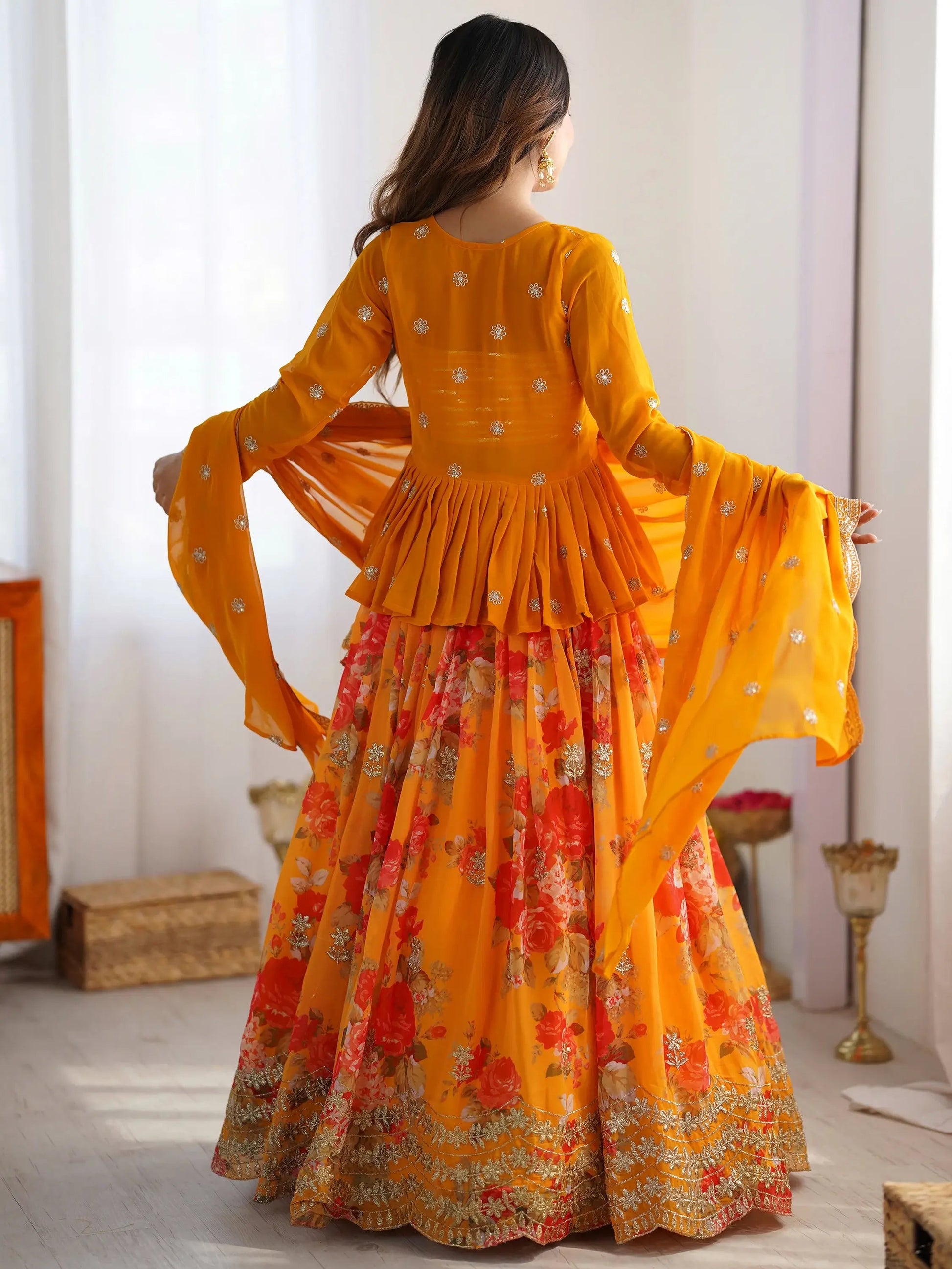 Lovely Yellow Floral Printed Georgette Crop Top Lehenga With Koti - Zeel Clothing