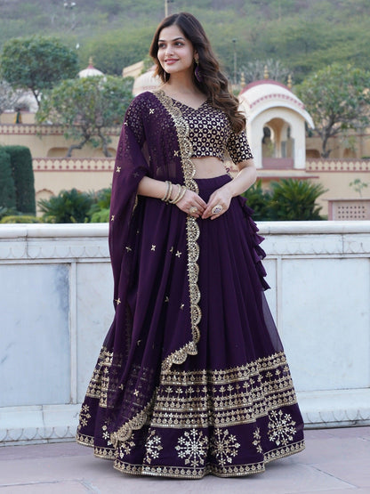 Surprising Purple Sequins Georgette Wedding Wear Lehenga Choli