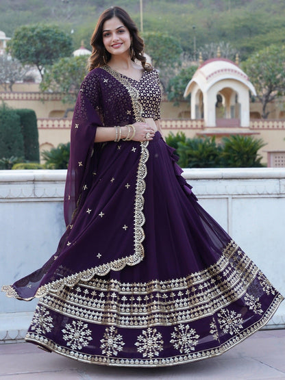 Surprising Purple Sequins Georgette Wedding Wear Lehenga Choli