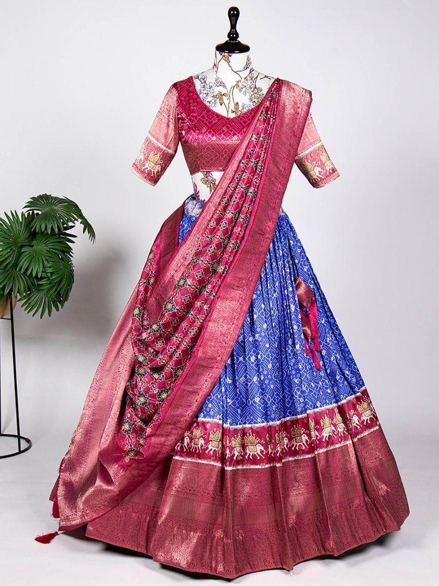 Magnetic Blue Digital Printed Jacquard Silk Wedding Wear Lehenga Choli - Zeel Clothing