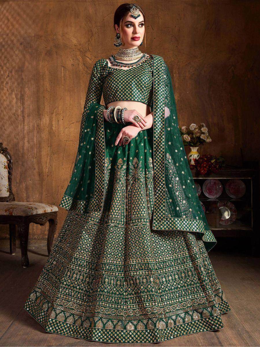 Magnetic Green Sequins Raw Silk Wedding Wear Lehenga Choli - Zeel Clothing