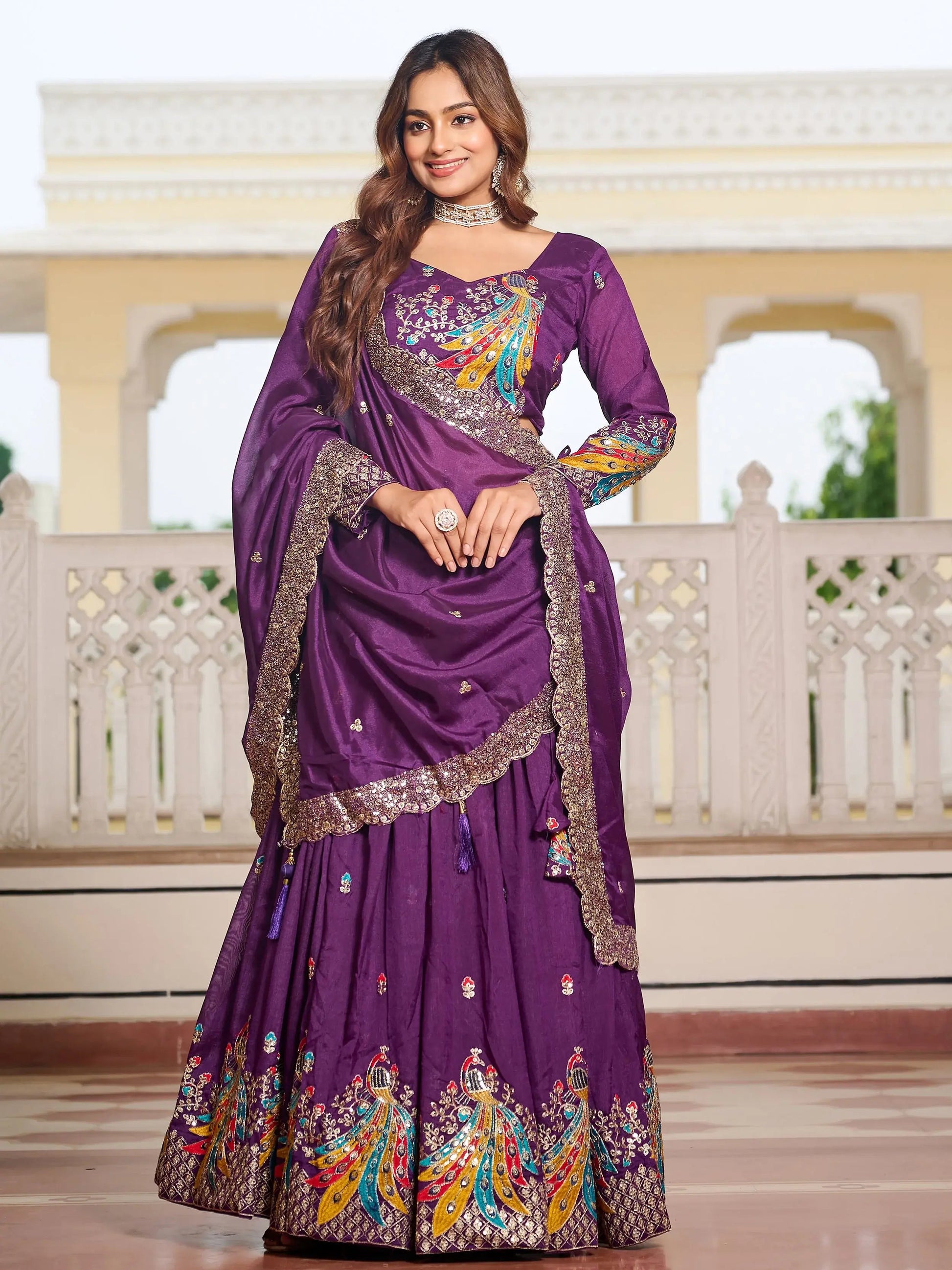 Magnetic Purple Embroidered Vichitra Silk Festive Wear Lehenga Choli With Dupatta - Zeel Clothing