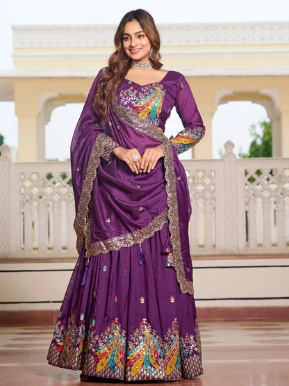 Magnetic Purple Embroidered Vichitra Silk Festive Wear Lehenga Choli With Dupatta - Zeel Clothing