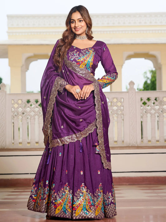 Magnetic Purple Embroidered Vichitra Silk Festive Wear Lehenga Choli With Dupatta - Zeel Clothing