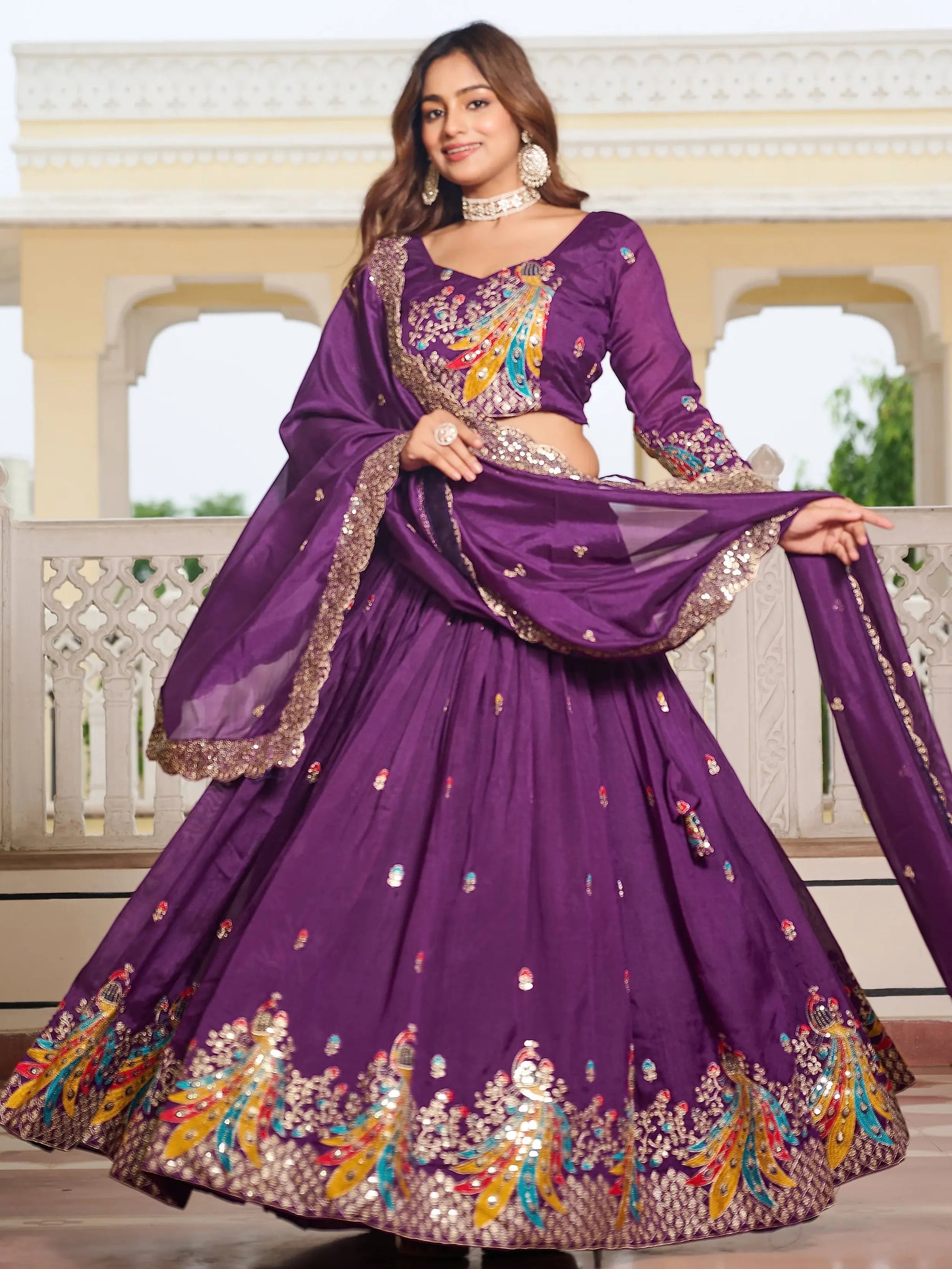 Magnetic Purple Embroidered Vichitra Silk Festive Wear Lehenga Choli With Dupatta - Zeel Clothing