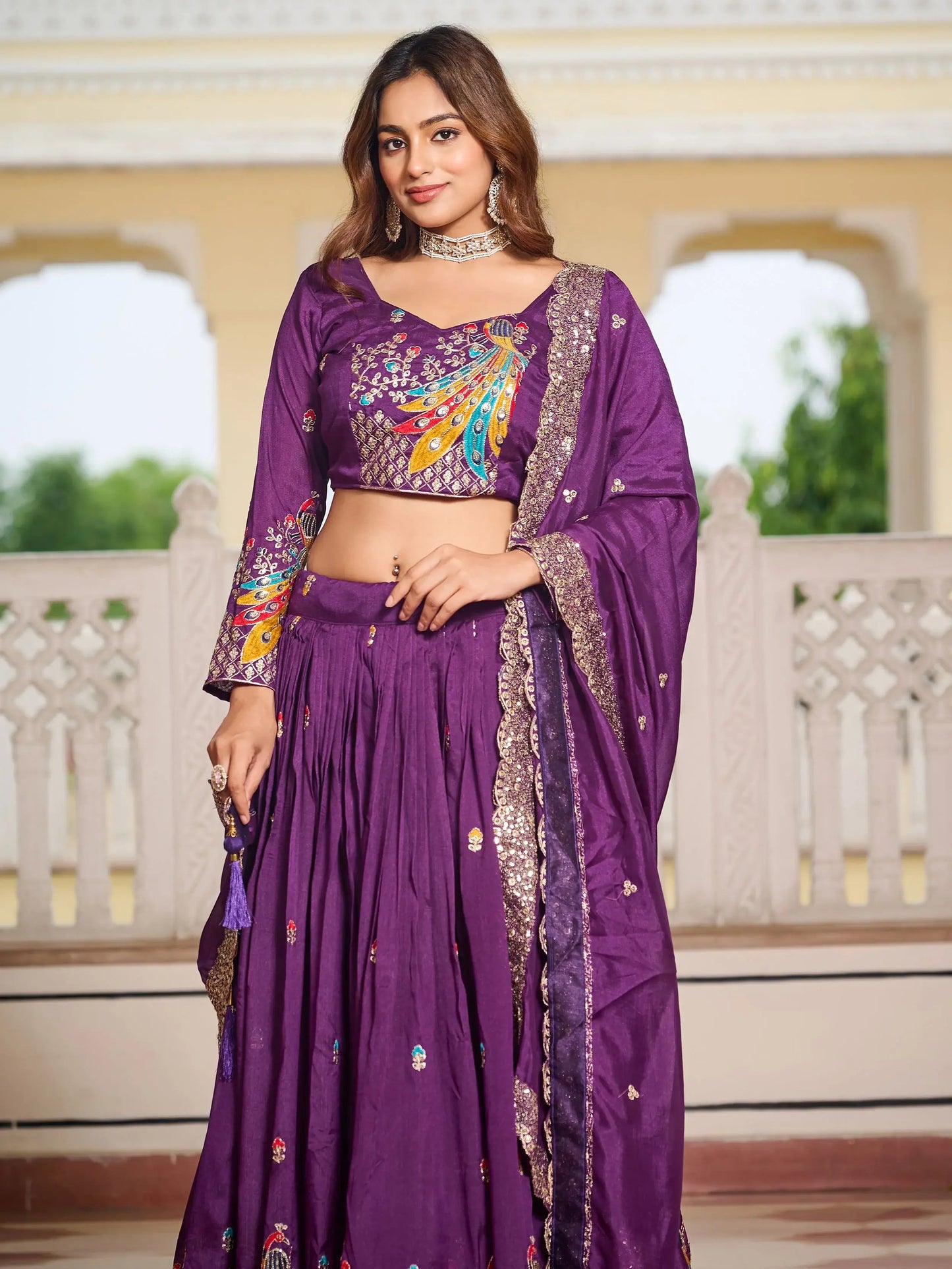 Magnetic Purple Embroidered Vichitra Silk Festive Wear Lehenga Choli With Dupatta - Zeel Clothing