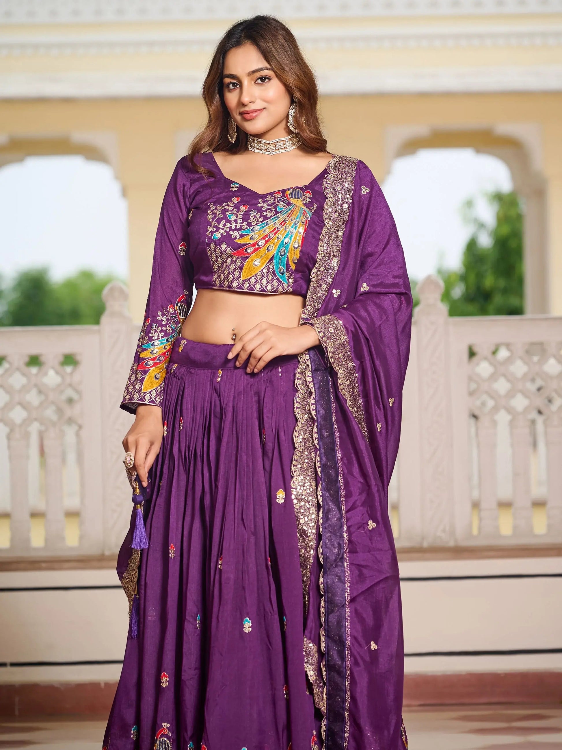 Magnetic Purple Embroidered Vichitra Silk Festive Wear Lehenga Choli With Dupatta - Zeel Clothing