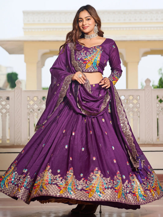 Magnetic Purple Embroidered Vichitra Silk Festive Wear Lehenga Choli With Dupatta - Zeel Clothing
