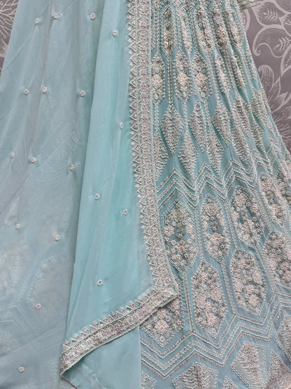 Magnetic Sky Blue Thread Work Georgette Bridesmaid Lehenga Choli - Zeel Clothing