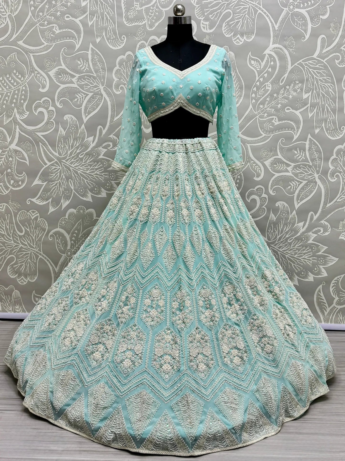 Magnetic Sky Blue Thread Work Georgette Bridesmaid Lehenga Choli - Zeel Clothing
