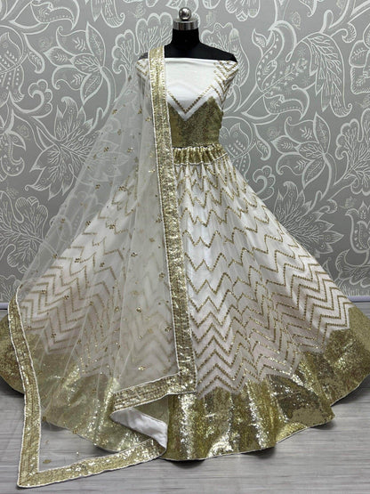 Magnetic White Sequins Net Reception Wear Lehenga Choli With Dupatta - Zeel Clothing