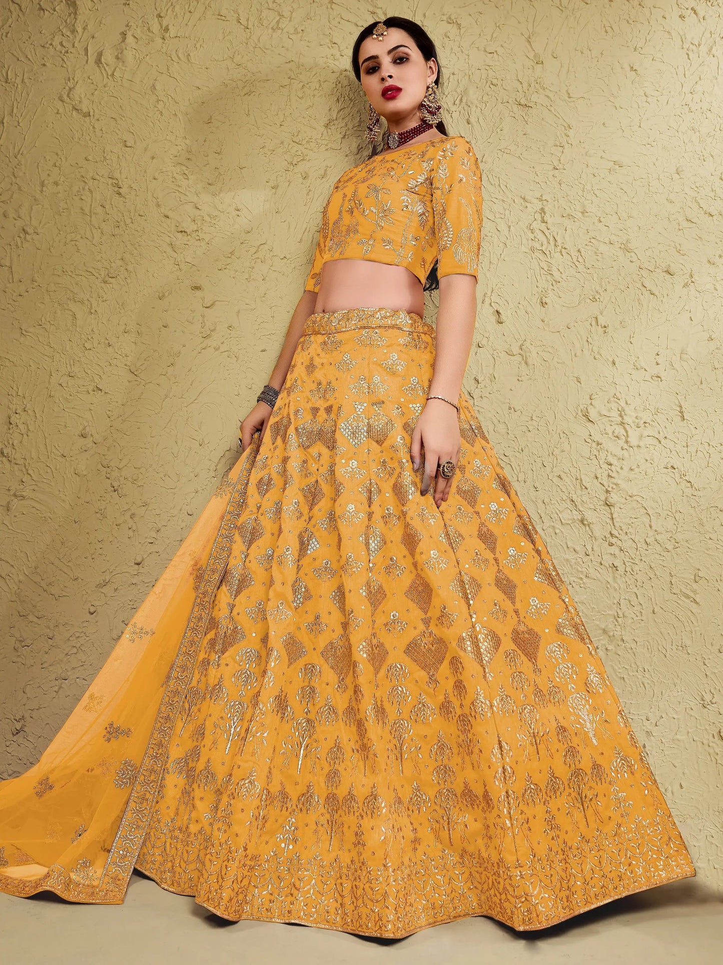 Magnetic Yellow Sequins Embroidered Slub Silk Haldi Wear Lehenga Choli - Zeel Clothing